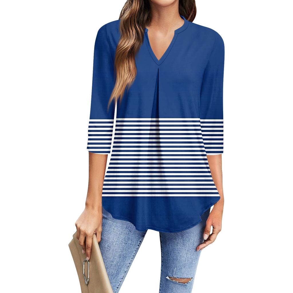 Dámské módní ležérní tričko s tříčtvrtečním rukávem, top s potiskem a výstřihem do V