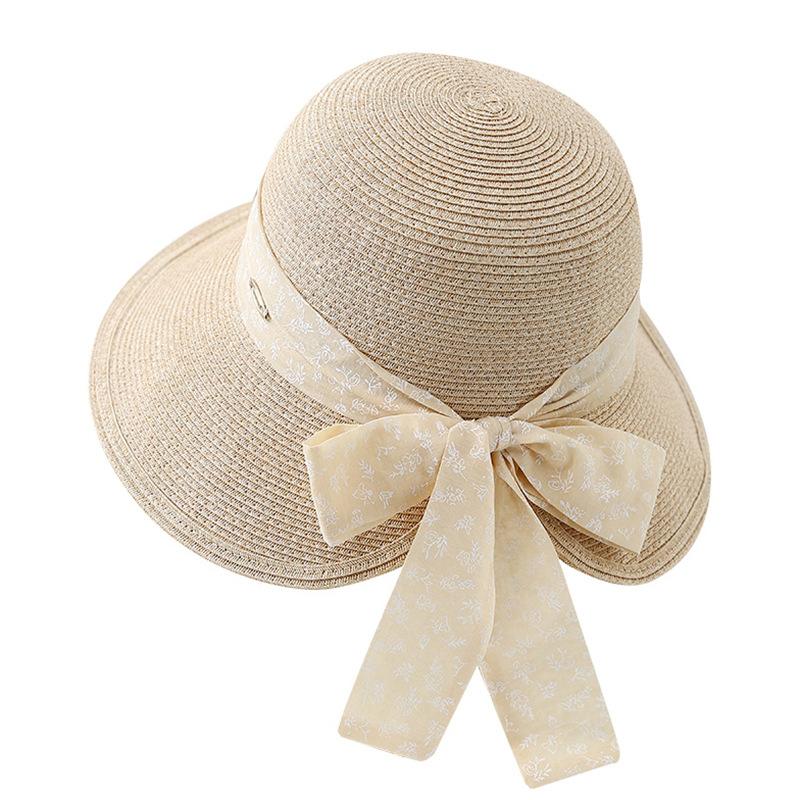 New Hepburn style elegant bow visor women's summer vacation pastoral style sun protection bucket hat straw hat
