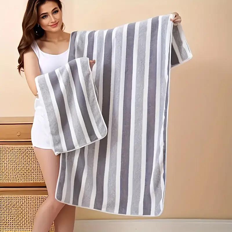 Quick-Dry Coral Fleece Striped Bath Towel - Soft, Absorbent, Large for Couples