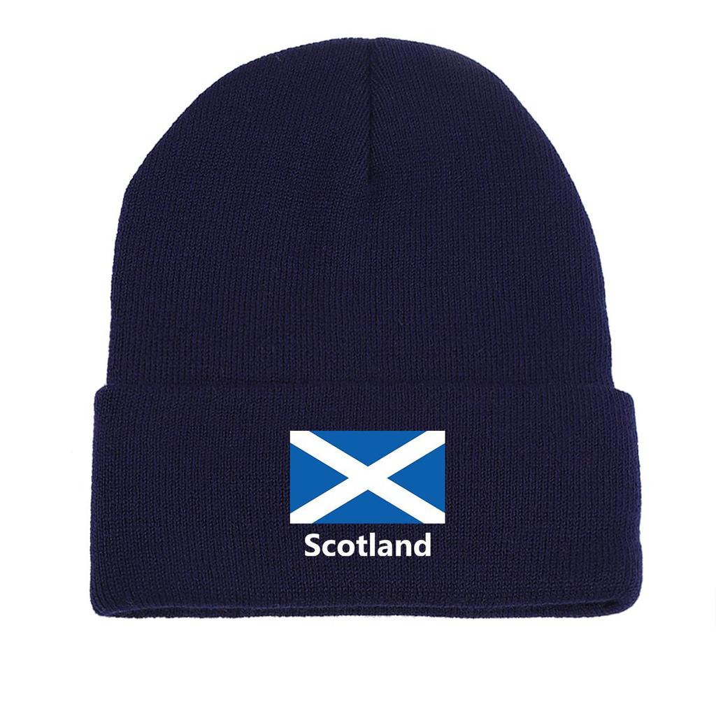 Flag of Scotland Print Knitted Cap Beanie, Patriotic Woman Cap Stretchy Autumn Unisex Pompom Beanies Knit Cap Beanie