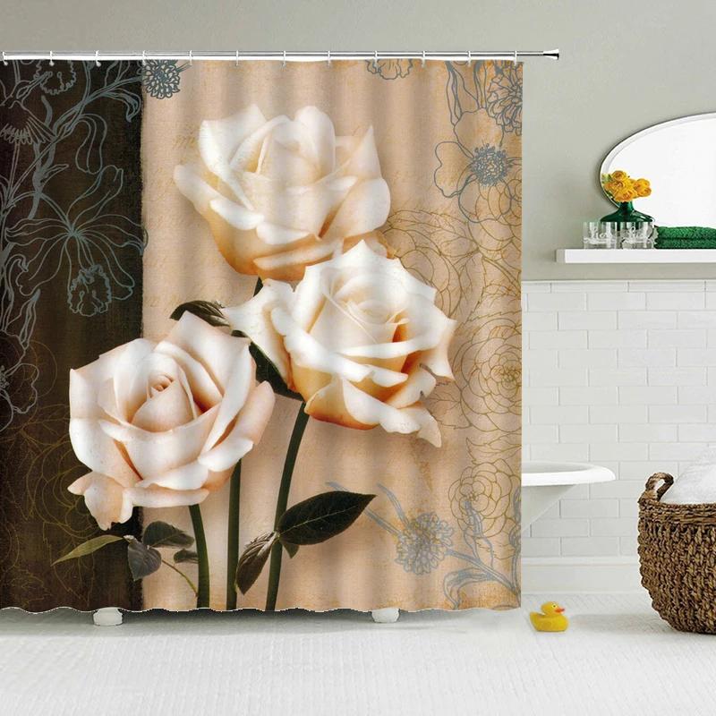 Retro European Shower Curtain ,Flowers Printed Bath Curtain Polyester Fabric Western Style Home Bath Decor Curtains With Hooks