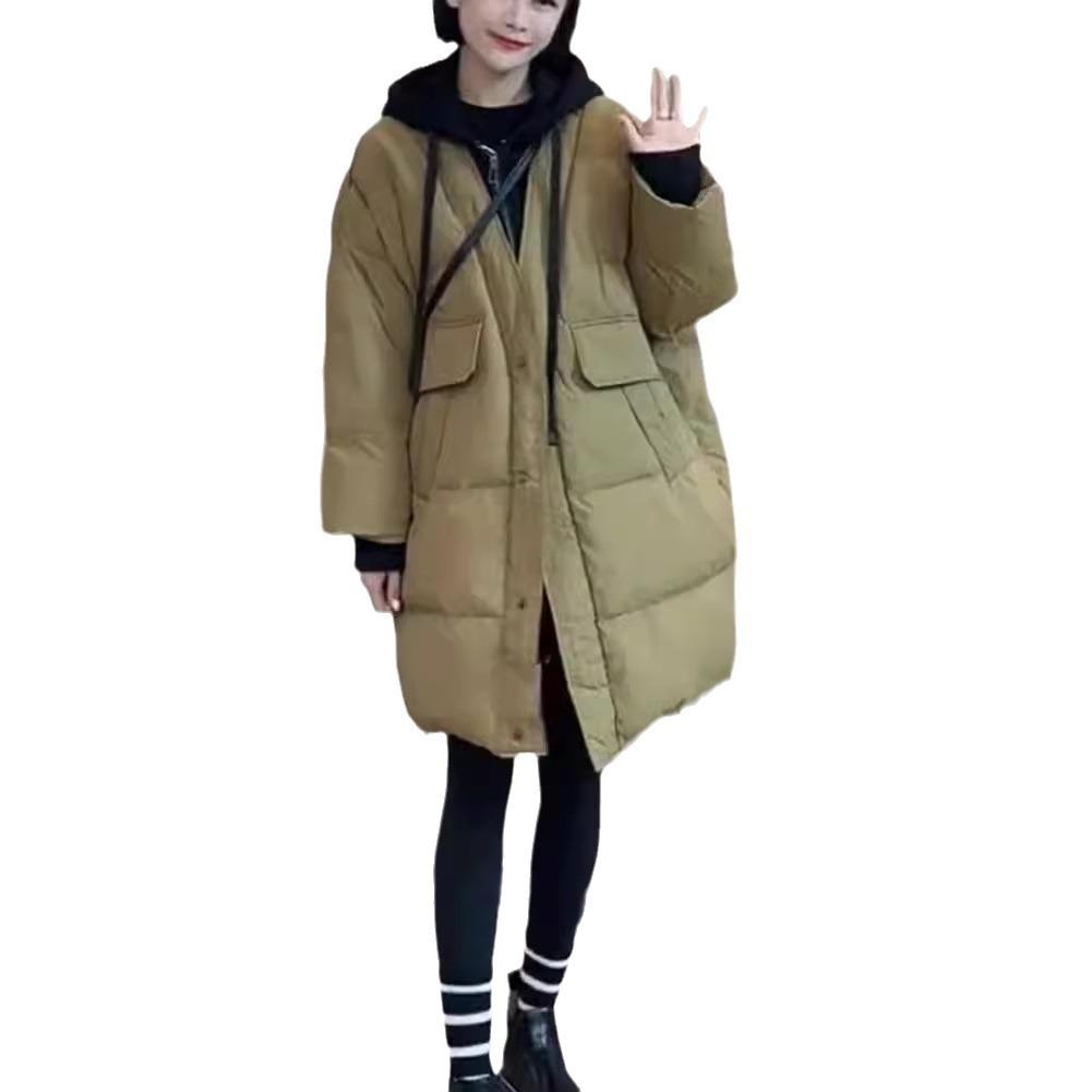 European Station hooded fake two-piece down jacket women's medium and long new white duck down thickened warm large version coat