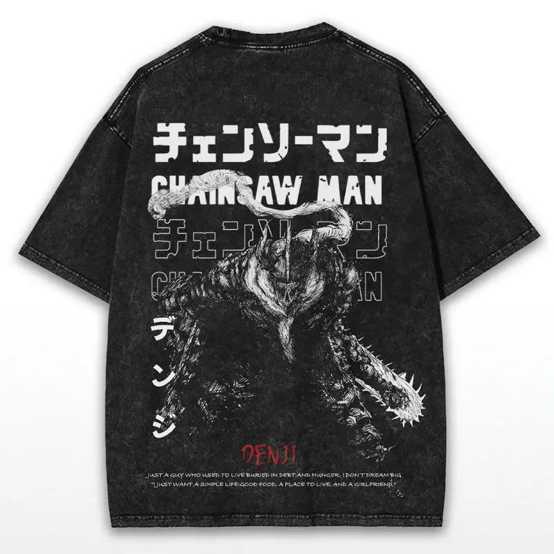 2026 Denji Cooles Grafik-T-Shirt Chainsaw Man Anime Harajuku Gewaschenes T-Shirt Herren Damen Kleidung Übergroß Baumwolle Kurzarm-T-Shirts