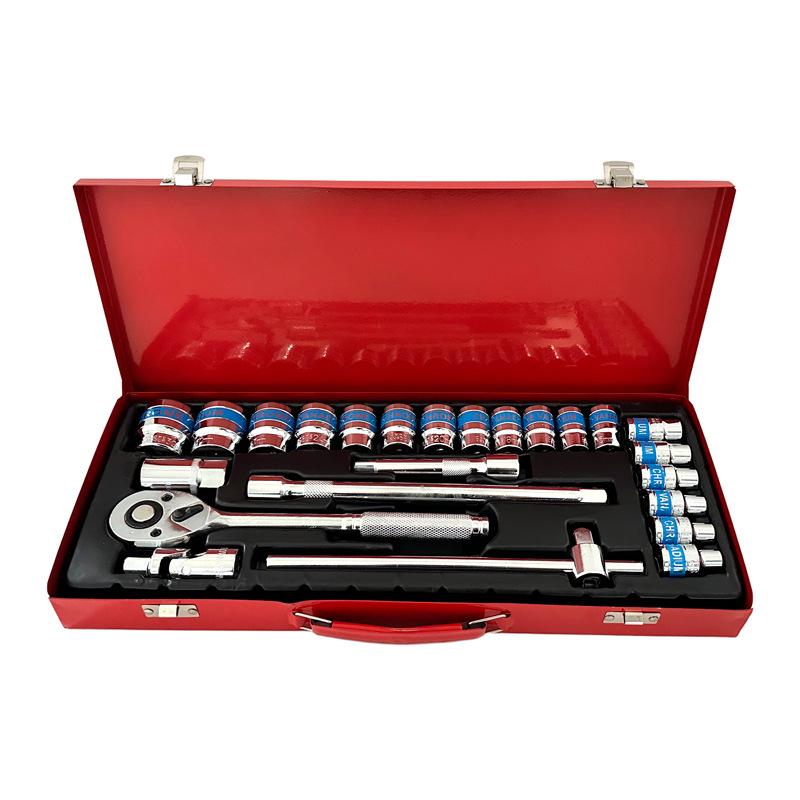 

Набор из 24 синих торцевых ключей и ключей с трещоткой с быстросъемной рукояткой в железном ящике