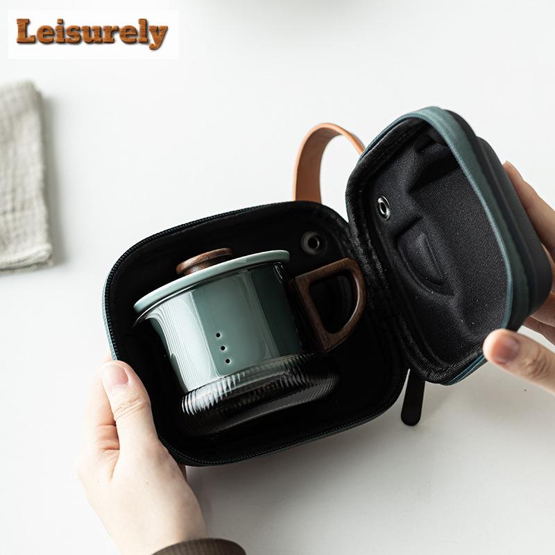 Leisurely Soot Galss Travel Tea Set Kit Handmade 1 Pot 3 Cups Tea Maker Filter Teapot Organizer Portable Outdoor Stock Bags Gift