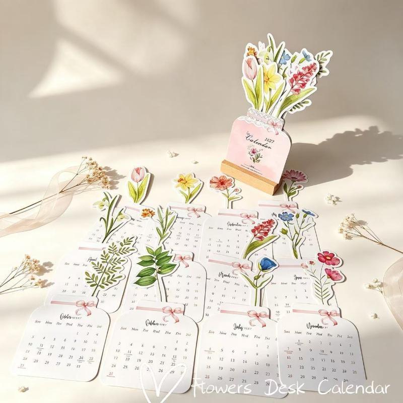 2027 Süße Katze Blühende Blumen Schreibtisch Schreibtischkalender Holzsockel 12 Malerei Kunstkarten Monatsplaner Home Office Schuldekor