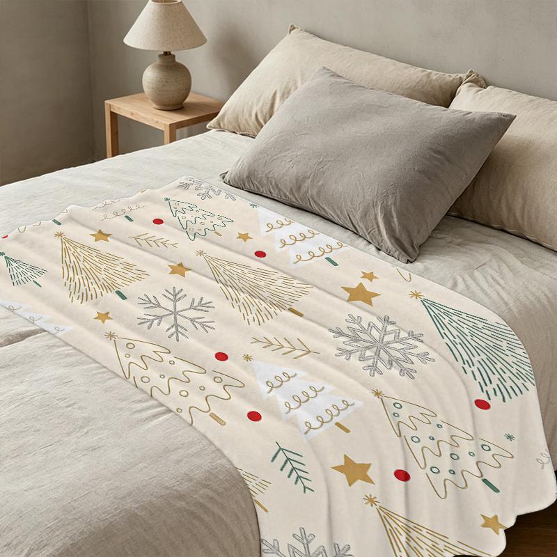 Christmas Tree Pattern Flannel Fleece Blanket - Soft Warm Hemmed Cozy Throw Blanket for Home Casual Use