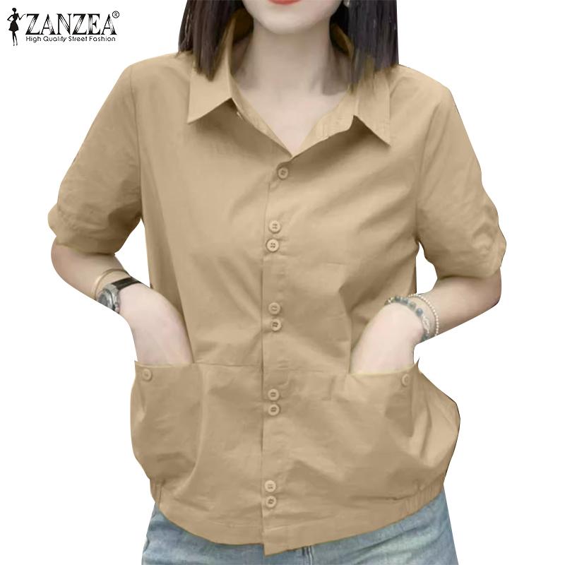 ZANZEA Women Casual Turn Down Collar Solid Color Short Sleeve Blouse