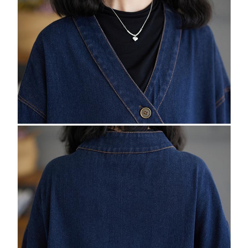 Dimanaf 2024 Autumn Denim Jackets Long Coat Casual Long Sleeve Shirt Women Loose Blue Vintage Lady Vintage Tops Plus Size