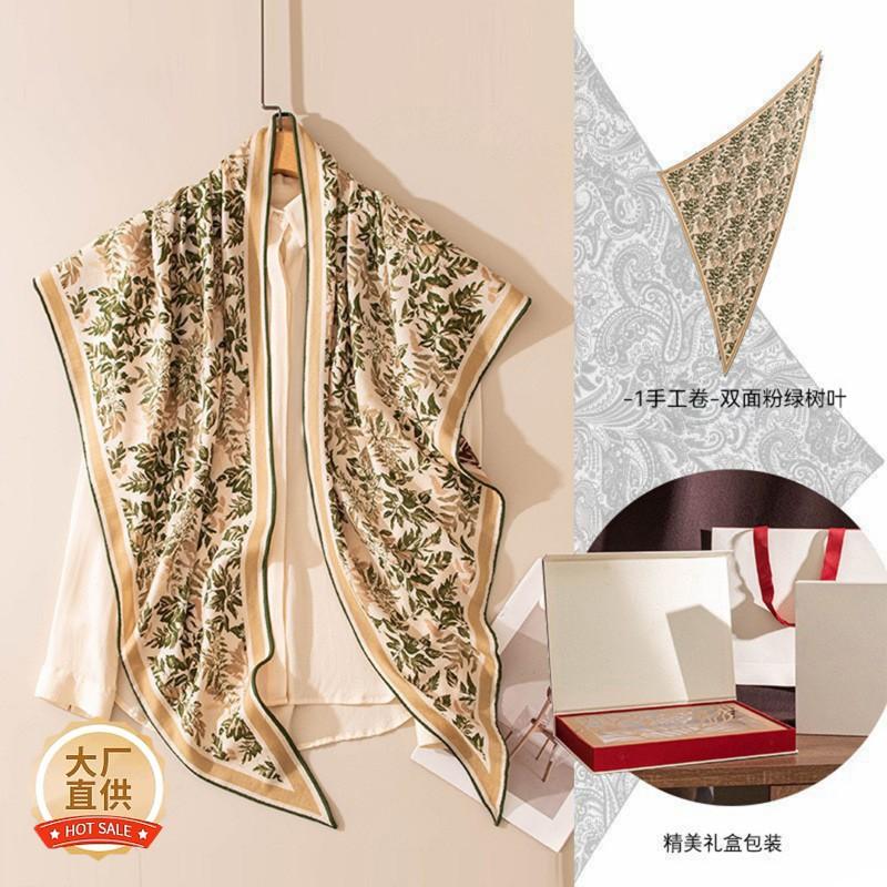 Womens Silk Wool Triangle Scarf Luxury Warm Winter Shawl Office Stylish Wrap Vintage Floral Print