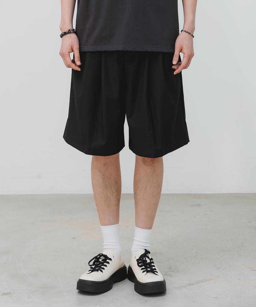 BAKKEN Side Hidden Elastic Two-Pleat Wide Half Pants Bk8903_Black