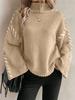 Women's High Neck Knitted Sweater Long Sleeve Striped Casual Pullover in Brown, Beige, Black, Gray