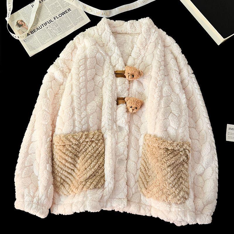 Coral Fleece Pajamas Autumn and Winter Thickened Fleece Large Size Spring and Autumn Flannel Loungewear Set