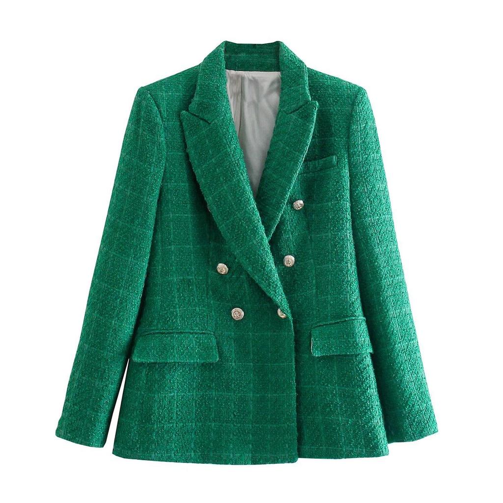 Frauen Mode Tweed Zweireiher Blazer Mantel Vintage Langarm Klappen Taschen Weibliche Oberbekleidung Chic Veste Femme