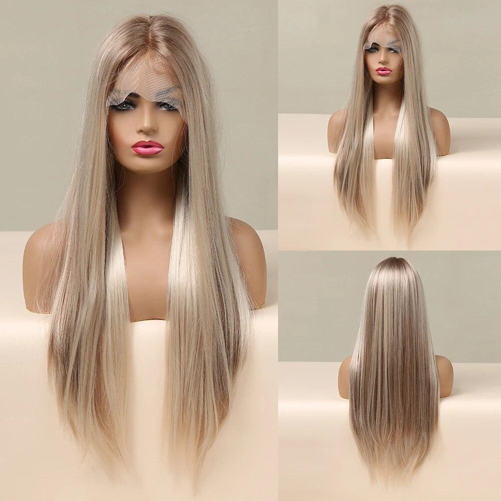 ALAN EATON Hellbraune gerade Lace-Front-Perücken, Mittelscheitel, Ombre-Blonde Spitze, synthetische Perücke, natürlicher Haaransatz, hitzebeständig