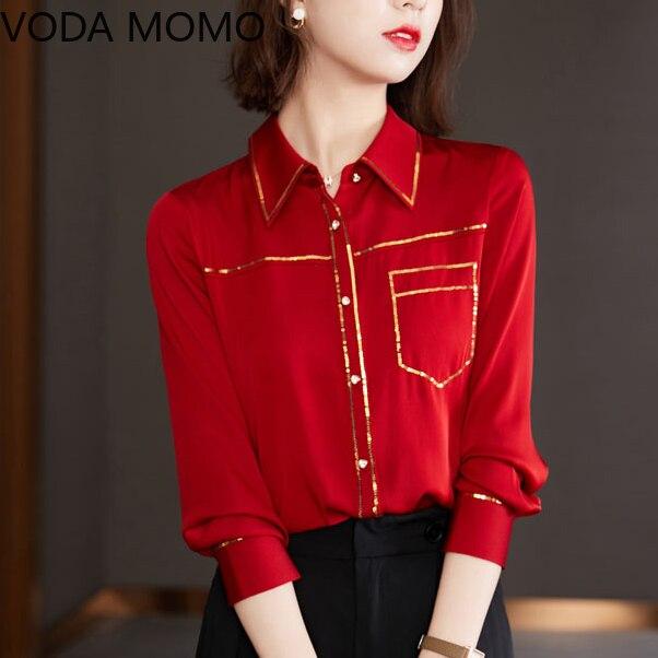 

Элегантная шелковая женская рубашка с длинными рукавами и блестками, блузка для женщин, женские топы и блузки blusas, шифоновые рубашки, женские XXL красный