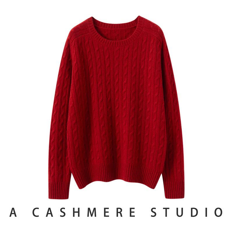 Women's Pure Cashmere Cable Knit Sweater: Thickened, Round Neck, Loose Fit, Slimming Knitwear for Autumn and Winter.