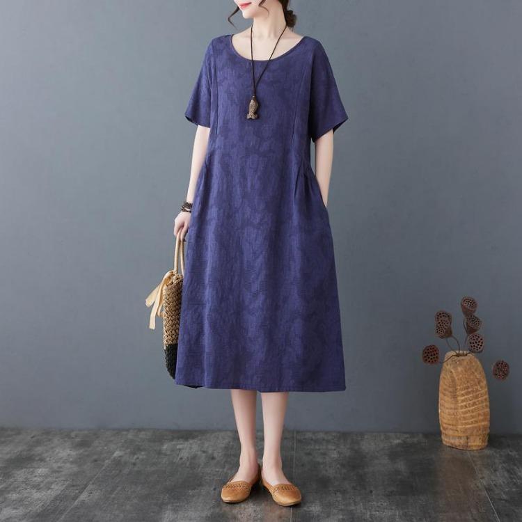Vintage Floral Jacquard Casual Dress Women Summer Loose Fit Basic Plus Size Short Sleeve Solid Lady Dress