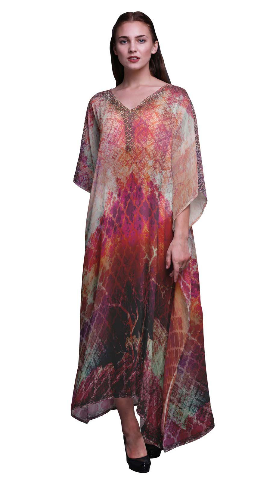 

Phagun Quatrefoil Mughal Long Caftan Maxi Dress Beach Swimwear Cover up Womens XL-3X персиковий