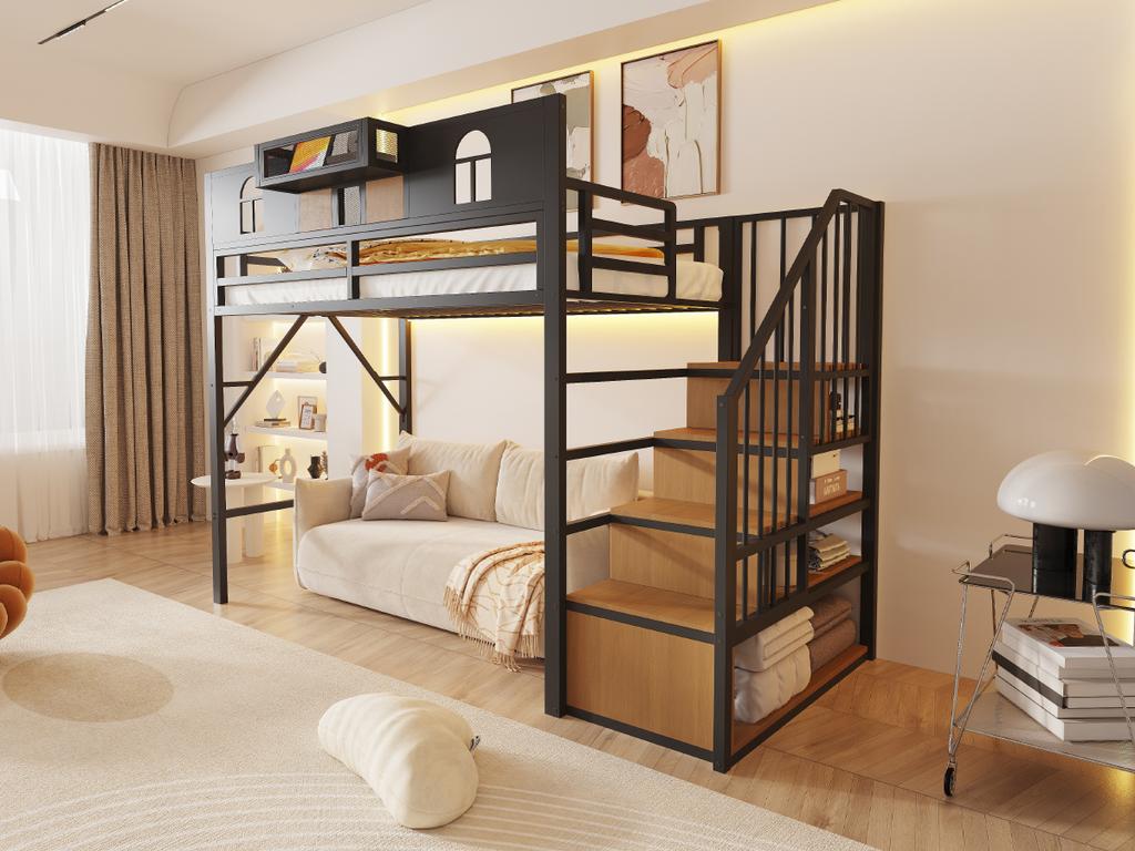 Letto a castello in metallo 90 x 200 cm, Con scala contenitore e striscia luminosa, Finestra, Pannelli in legno ed elementi a griglia metallica, Robusto telaio in metallo, Nero
