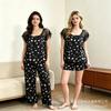 Popular women's pajamas set, lace splicing printing, casual and sweet loungewear three-piece set