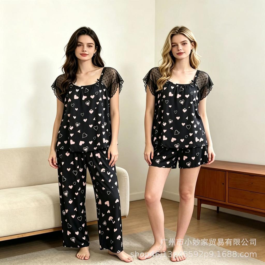 Popular women's pajamas set, lace splicing printing, casual and sweet loungewear three-piece set