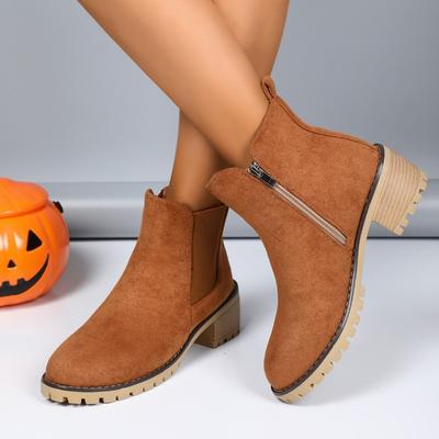 Mode Automne Hiver Nouvelles Bottines Femme Fermeture Éclair Latérale Chaussures Femme Talon Bas Tige Basse Étudiant Style Collège Femme Grande Taille