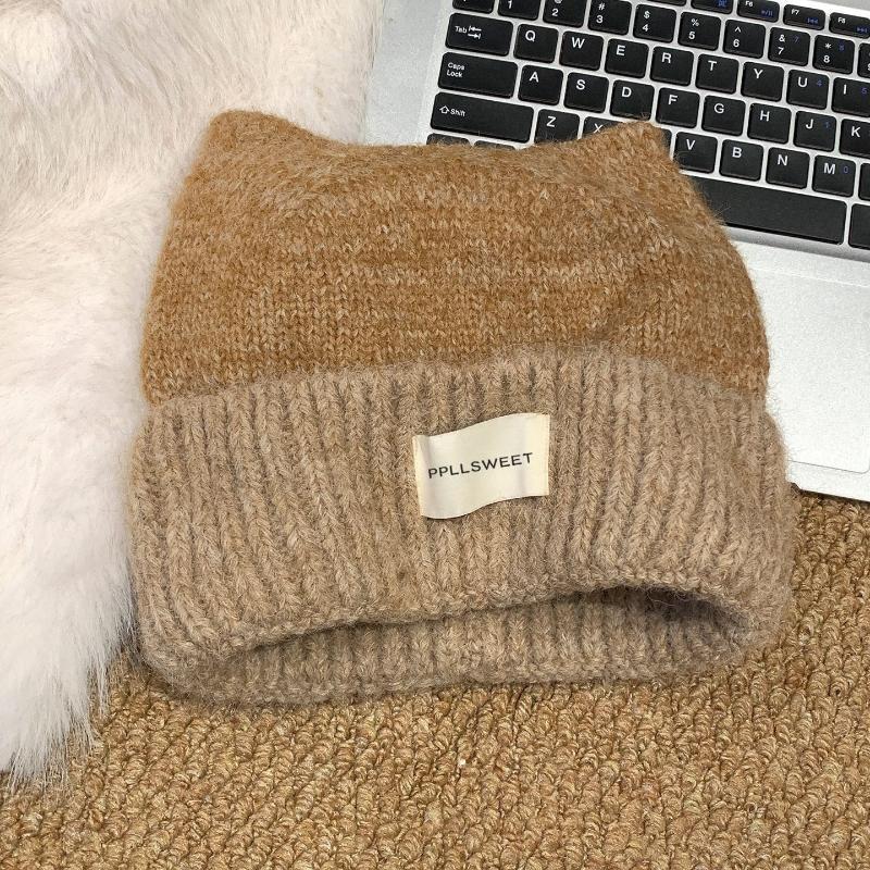 Fuzzy Knit Cat-Ear Beanie Warm Plush Lined Thermal Winter Hat for Women Casual Street Wear Outdoor Daily Use