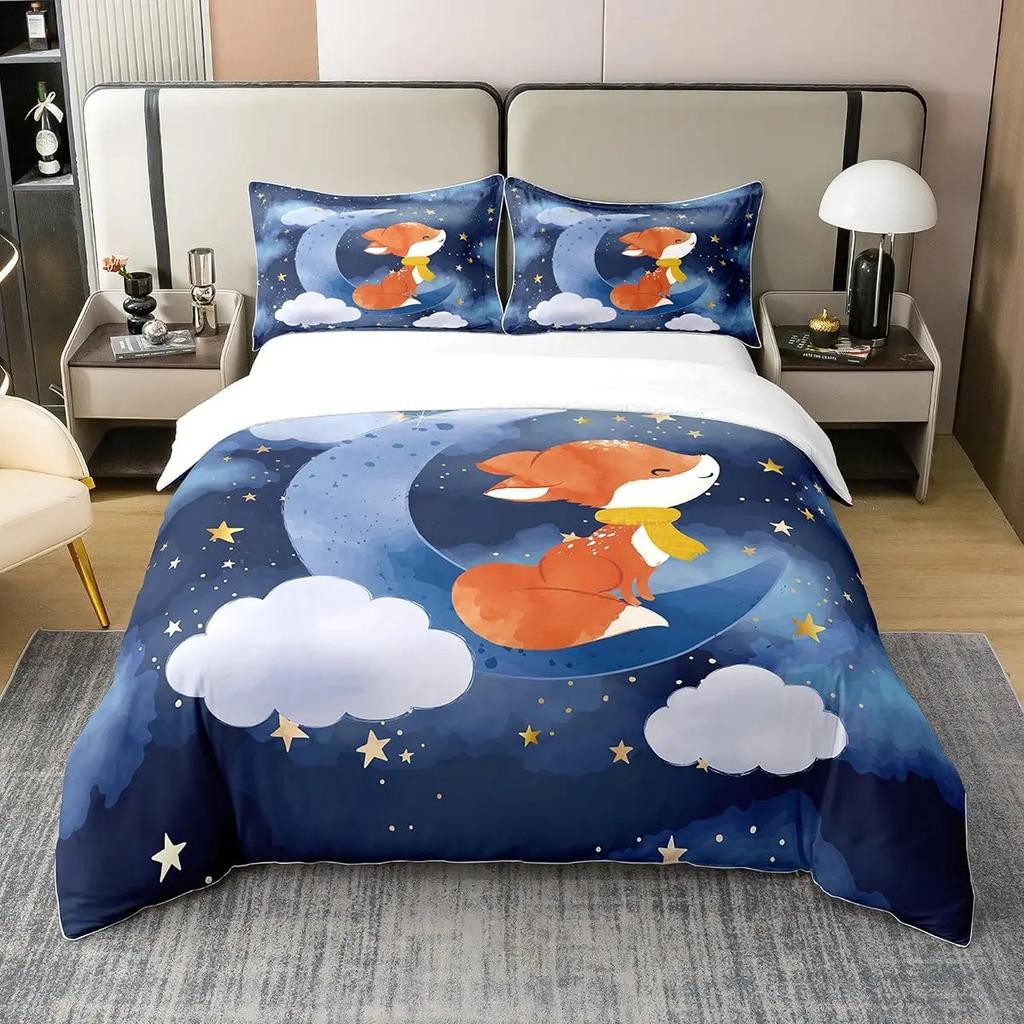 Kids Fox Bedding Set Toddler Natural Floral Comforter Cover Set For Boys Girls Blossom Flowers Pattern Duvet Cover