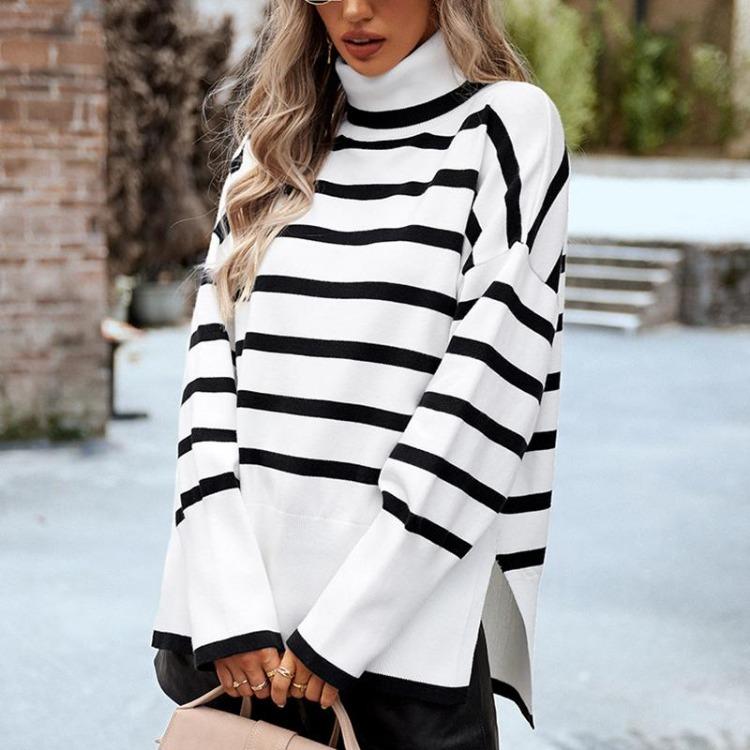 Fashion Women Casual Loose High Neck Striped Knitted Sweater Top Autumn Winter New
