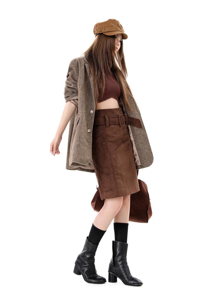 American Retro Suede Women's High Waist Slimming Bodycon Skirt for Autumn/Winter 2025