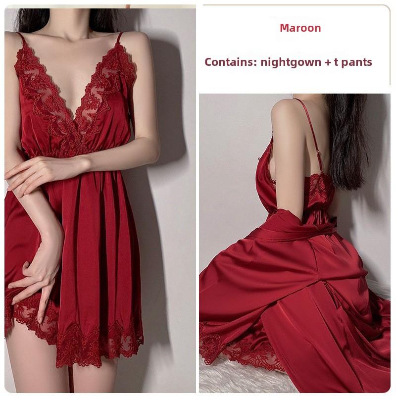 Sexy Camicia da Notte con Scollo a V Profondo e Maniche Lunghe, Allacciatura, Raso, Pizzo, Set Pigiama/Loungewear con Gonnellino Sospensorio in Pizzo