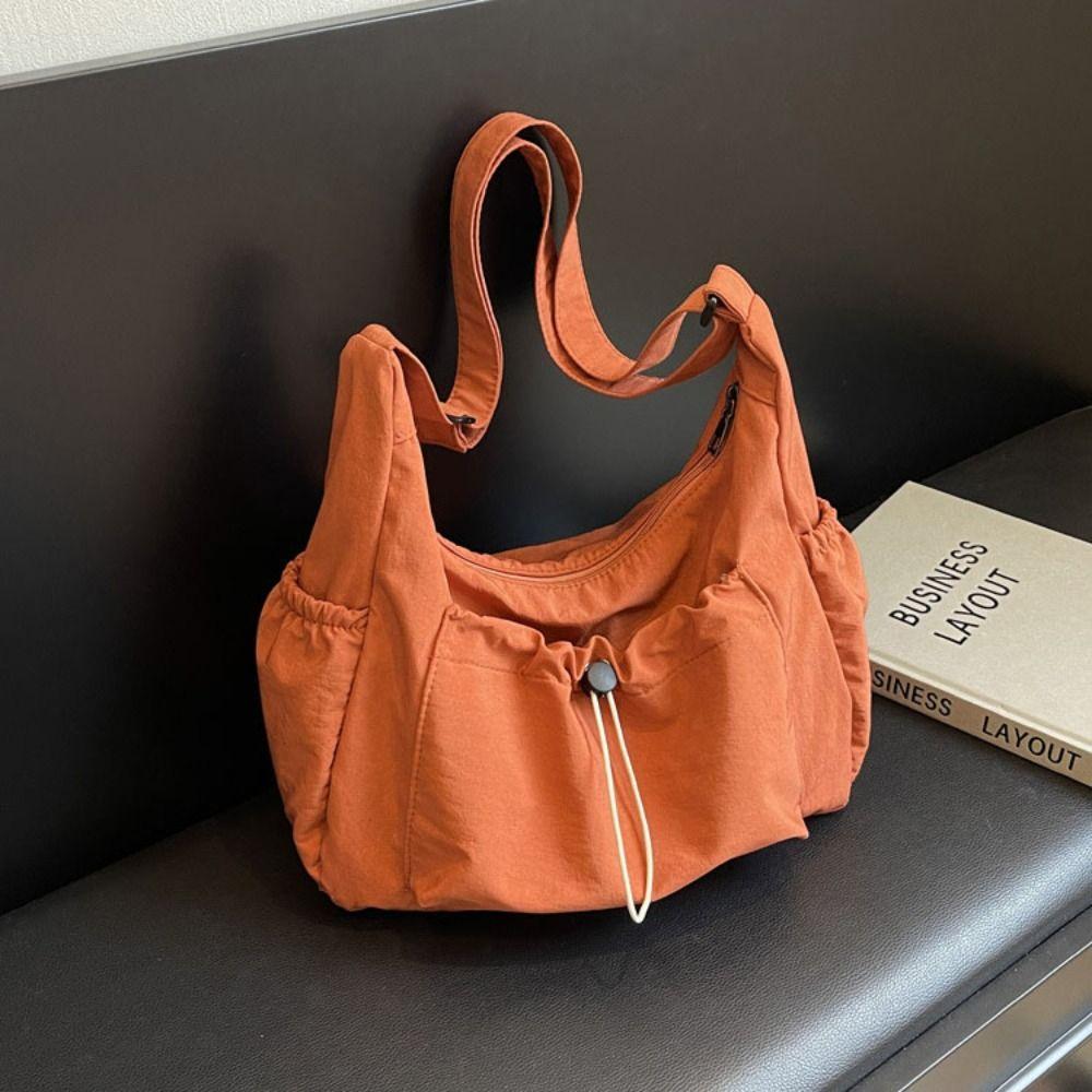 Elastic Rope Drawstring Tote Bag Solid Color Pleated Shoulder Bag Nylon Crossbody Bag  School