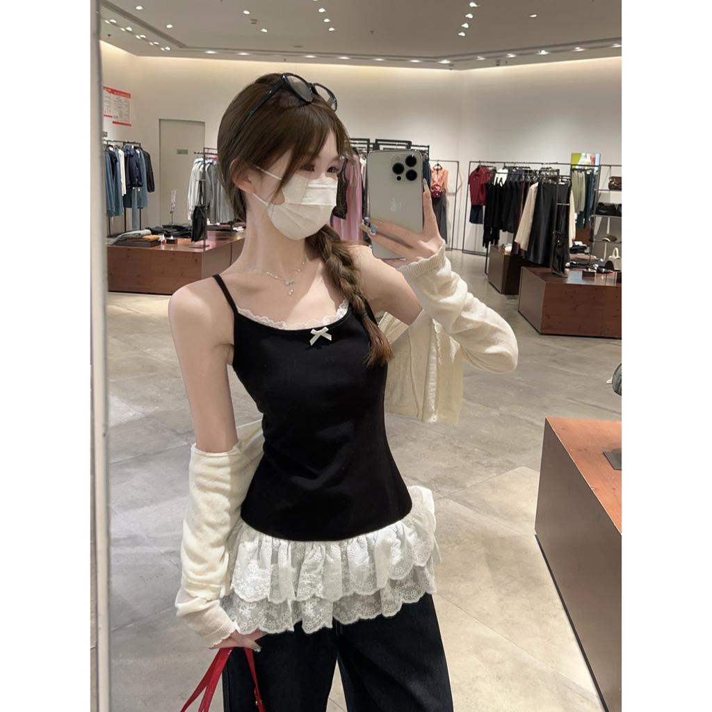White bow sling vest women's summer lace hem slim fit stacked inside small top bottoming shirt