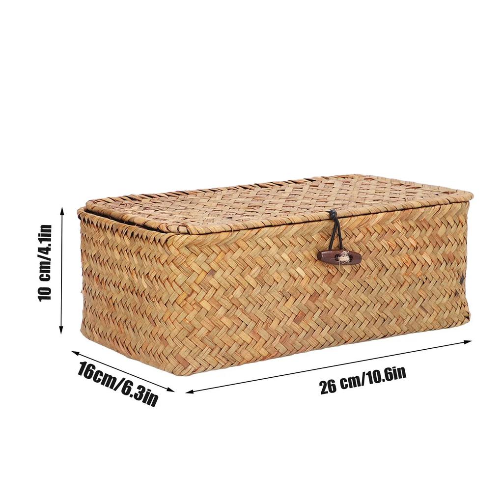 Handmade storage basket with lid, rectangular seaweed, rattan fabric, cosmetics, multi-purpose container, natural box