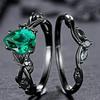 Leaf Vine Women Black 2pcs/set Ring Inlaid Bright Green Pear CZ Elegant Party Wedding Accessories Stylish Lady Jewelry