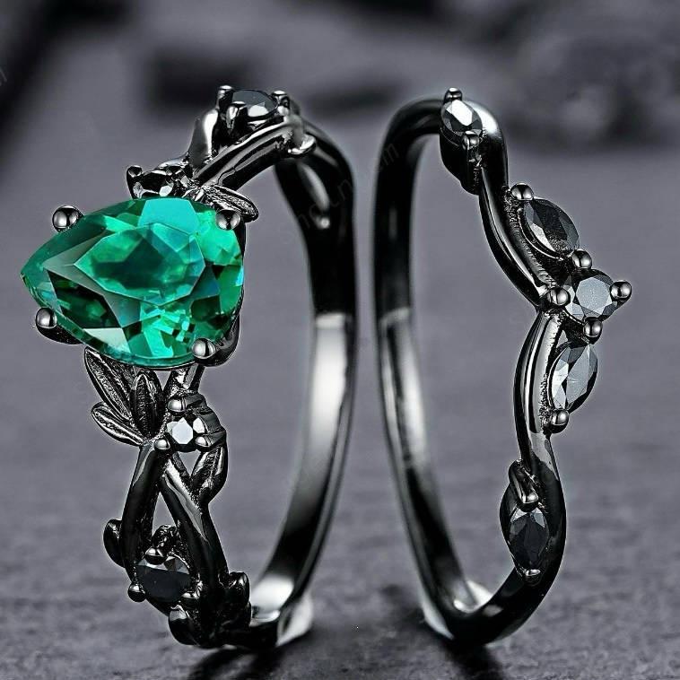 Leaf Vine Women Black 2pcs/set Ring Inlaid Bright Green Pear CZ Elegant Party Wedding Accessories Stylish Lady Jewelry