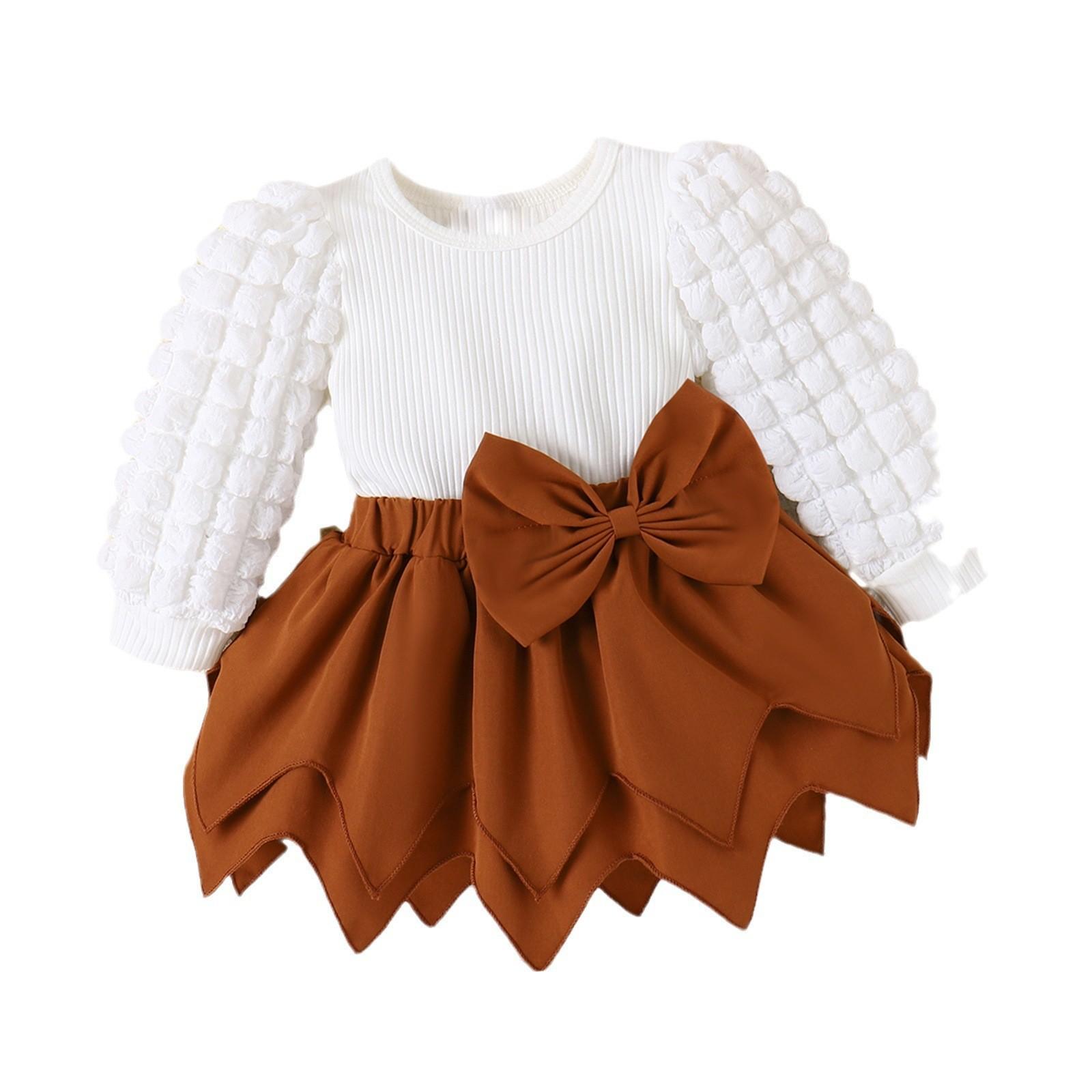 

Children s Clothing Autumn Winter Puff Sleeve Ribbed Top Solid Color Bow Irregular Hem Girls Set 18-24M білий