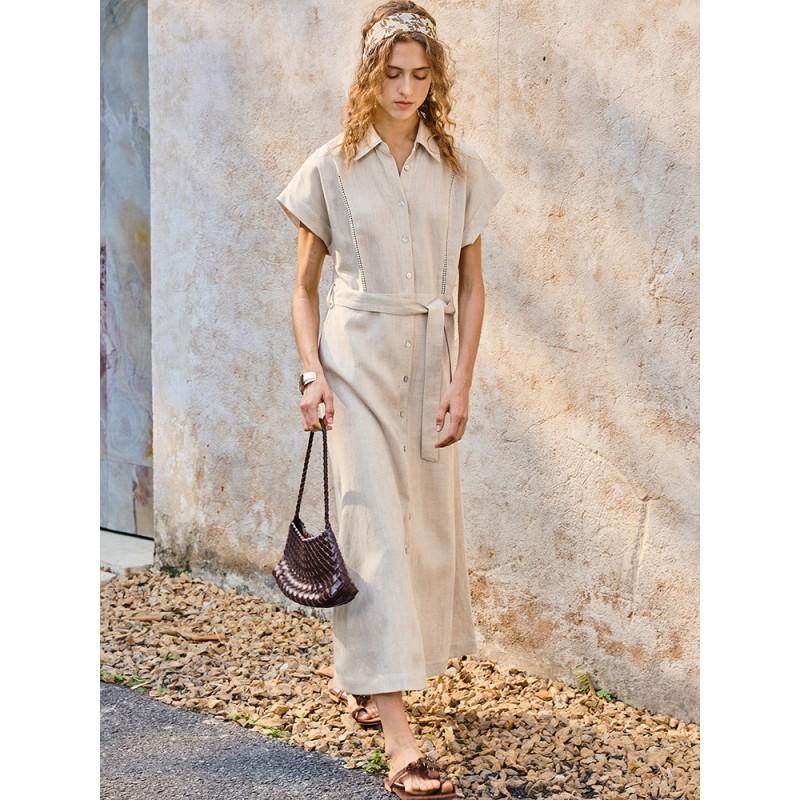 Womens Linen Tencel Blend Midi Dress With Adjustable Waist Short Sleeve High-Waisted Office Casual