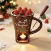 Holiday Themed Snack Server Christmas Chocolate Fondue Mug with Tea Light Warmer & Forks, 155ml Ceramic Melting Tabletop Pot for Cheese Caramel, Party