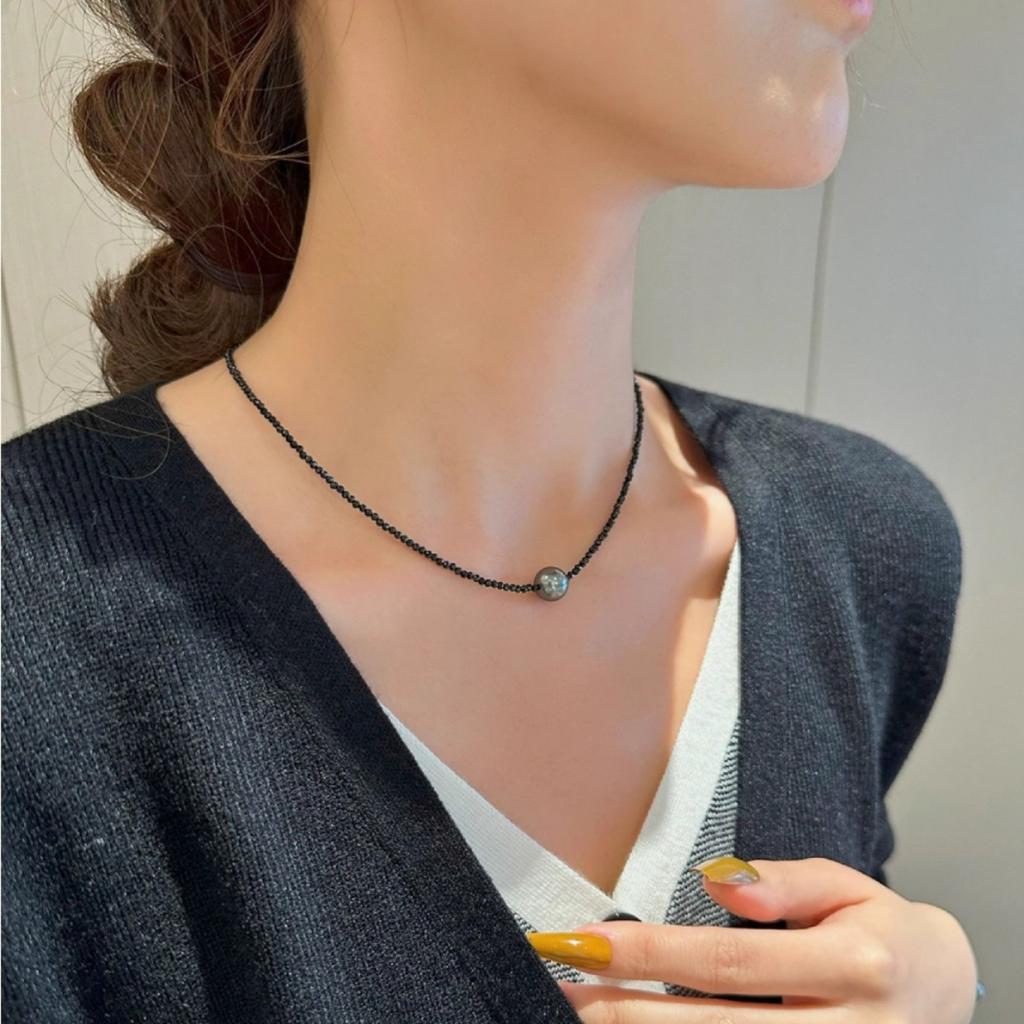 Tahitian Black Shijia Pearl Black Spinel Necklace Femininity Black Crystal Clavicle Chain Bracelet Set
