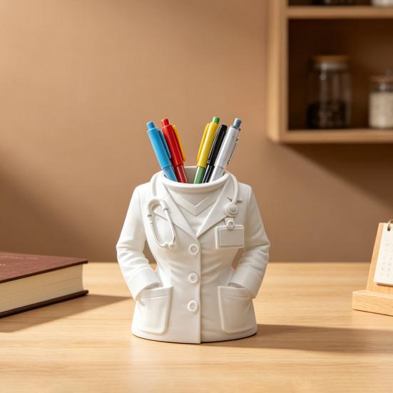 Doctor White Coat Pen Holder with Stethoscope Decoration Creative Desk Organizer for Medical Office Clinic Home Cute Gift for Doctors Nurses