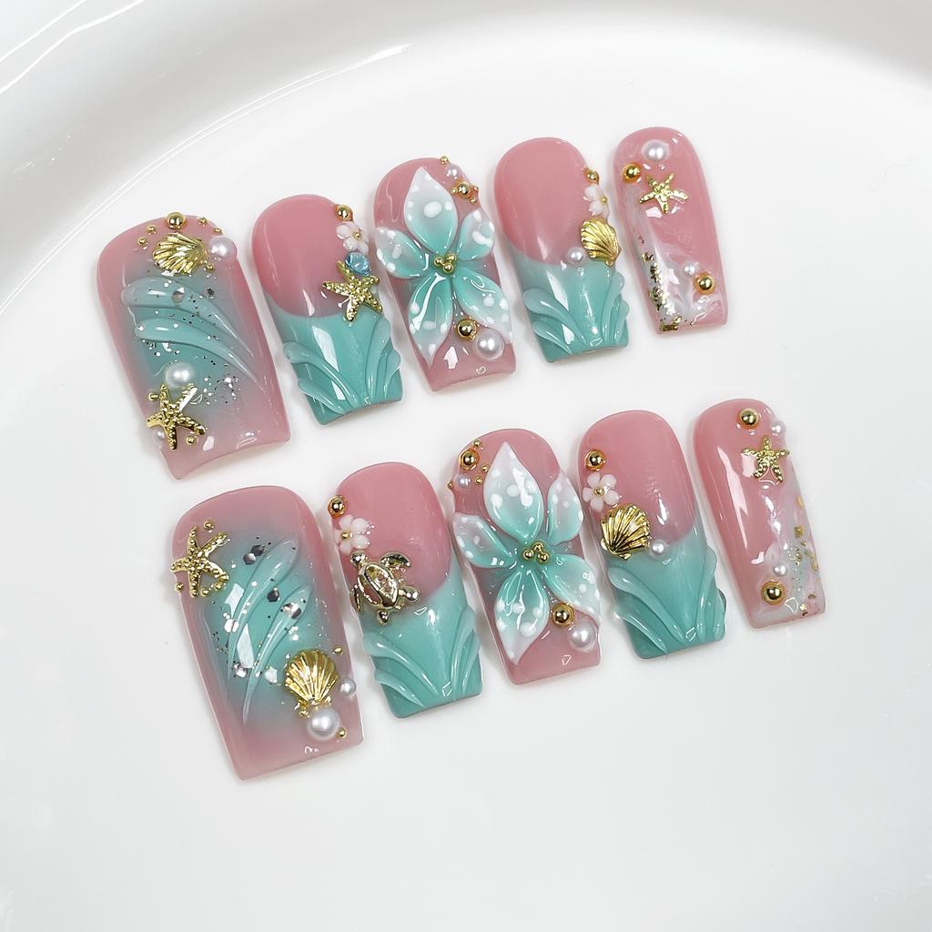 10Pcs Mid Length Coffin Handmade Nail Tips French Gradient Sea Star Shell Decorations Wearable Acrylic Nails