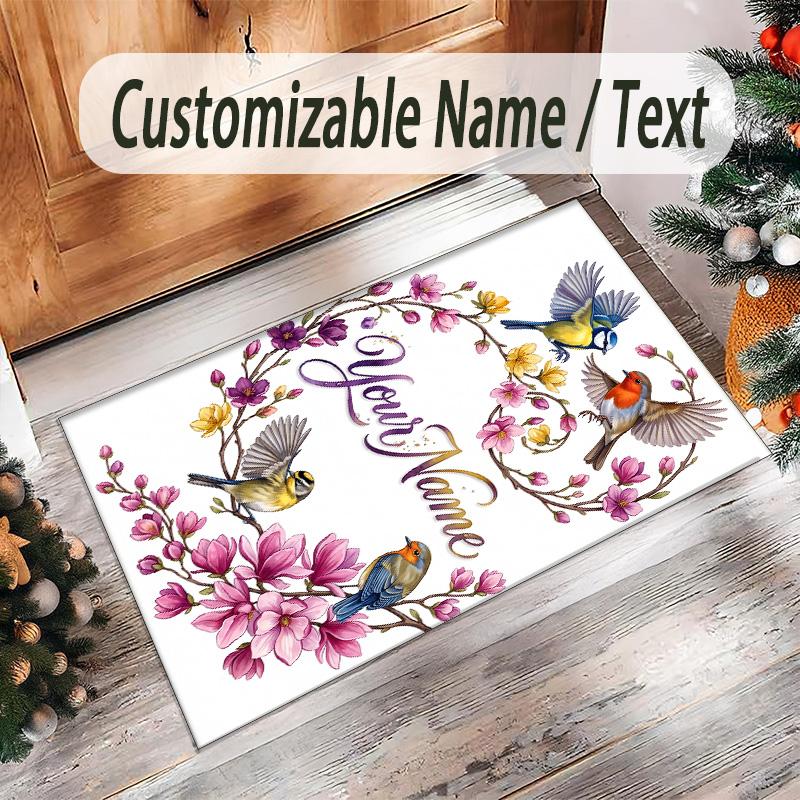 Birds Theme Crystal Velvet Floor Rug Personalized Custom Name Text Warm Carpet Home Decoration