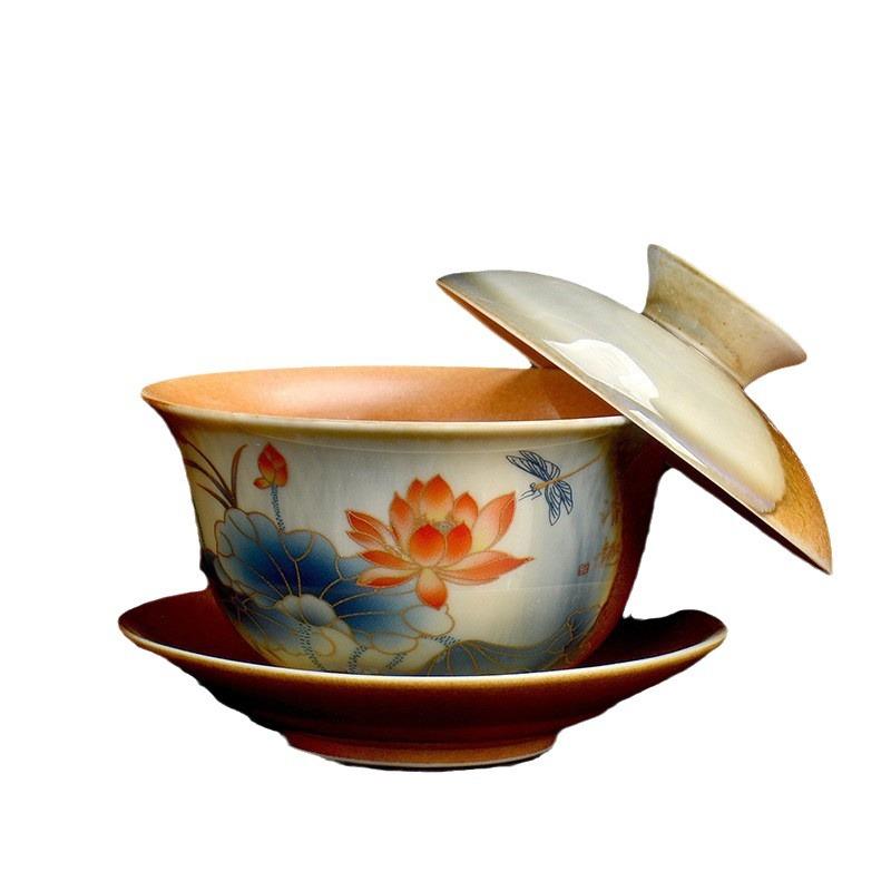 Hand Painted Lotus Gaiwan Ceramic Porcelain Tea Tureen Bowl Rotatable Lid Saucer Vintage Teacups Tea Ceremony Teaware Drinkware
