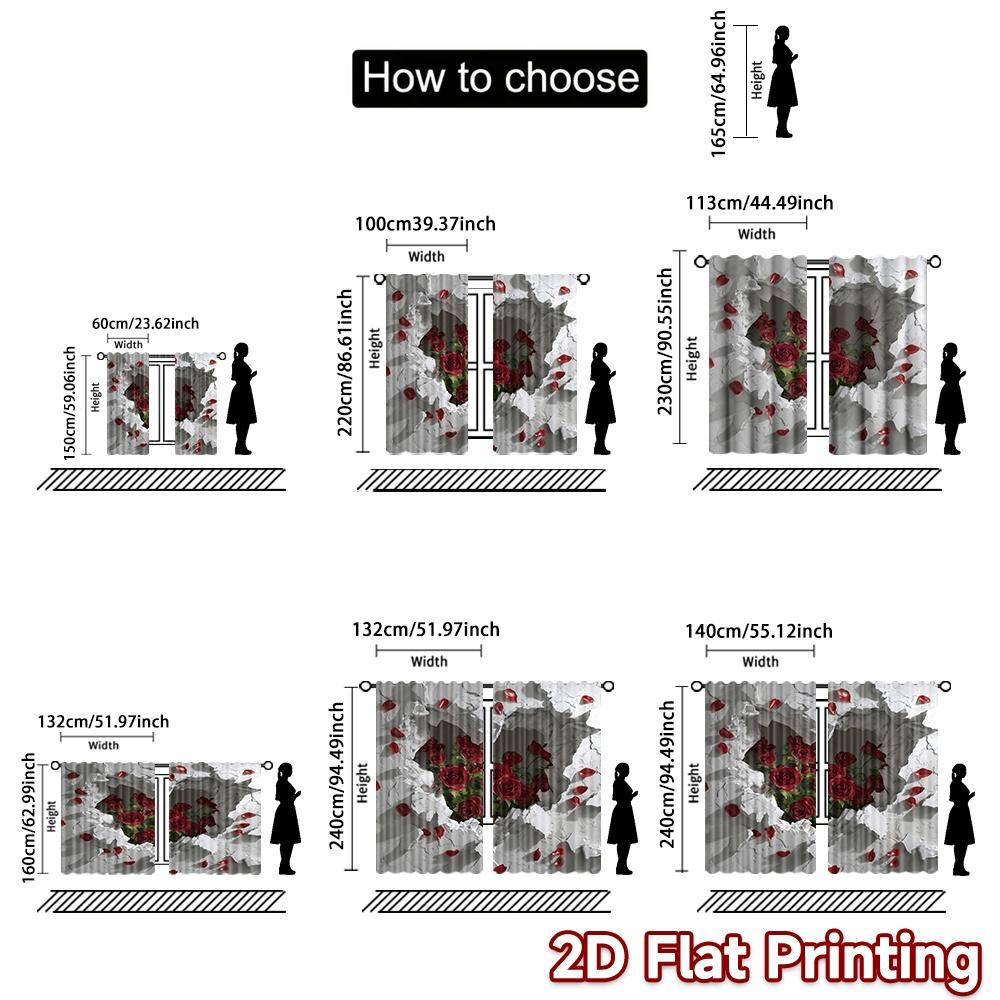2D flat printing 2pcs Curtain Curtain Valentine's Heart with Roses Digital Printed Polyester Drapes Holiday Decorations Perfect
