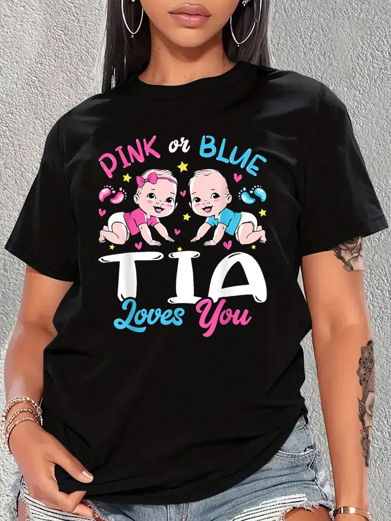 Pink or Blue Tia Loves You Gender Reveal T-shirt L