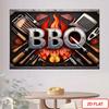 2D Barbecue Party Backdrop, Vintage BBQ Grill Tools Red Fire Steak Background Banner for Summer Party