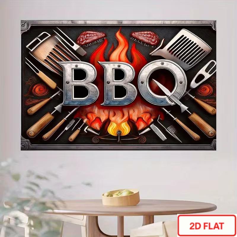 2D Barbecue Party Backdrop, Vintage BBQ Grill Tools Red Fire Steak Background Banner for Summer Party