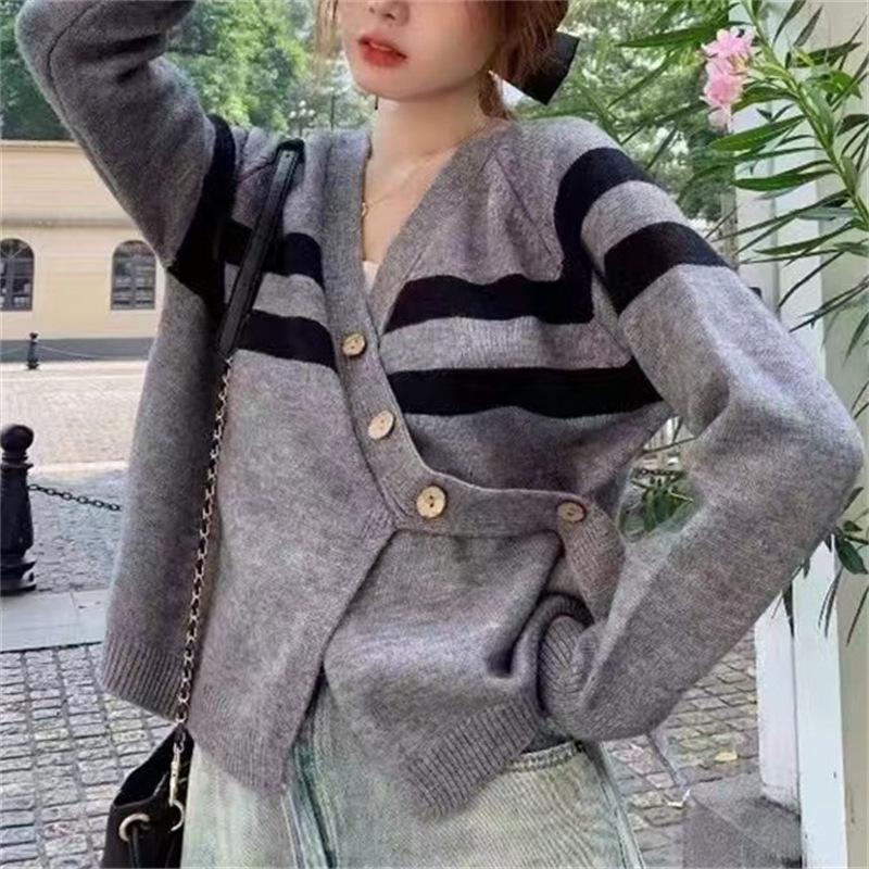 

Осенне-зимний женский свитер, короткий полосатый свитер с v-образным вырезом, шикарный вязаный кардиган с длинными рукавами One Size серый